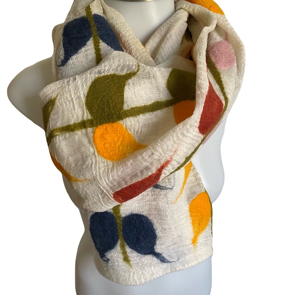 Cream Multicolor Nuno Felted Merino Wool Scarf with Abstract Leaves